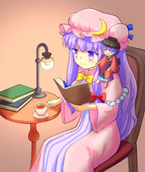 Rule 34 | 2girls, blue bow, blue ribbon, book, book stack, bow, bowl, bowl hat, bowtie, capelet, chair, closed mouth, commentary request, crescent, crescent hat ornament, cup, dress, gradient background, hair bow, hat, hat ornament, hat ribbon, holding, holding book, japanese clothes, kimono, lamp, light blush, long hair, mini person, minigirl, mob cap, multiple girls, on shoulder, open book, patchouli knowledge, pink eyes, pink robe, plate, purple eyes, purple hair, red bow, red kimono, ribbon, robe, simple background, sitting, size difference, smile, striped clothes, striped dress, sukuna shinmyoumaru, table, tea, teacup, touhou, vertical-striped clothes, vertical-striped dress, very long hair, wide sleeves, yellow bow, yellow bowtie, yoruniwa