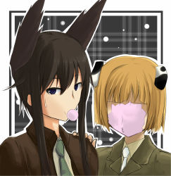Rule 34 | 2girls, animal ears, black hair, blonde hair, blowing bubbles, blue eyes, bokunoryuugi, chewing gum, dominica s. gentile, failure, head wings, jacket, jane t. godfrey, multiple girls, necktie, strike witches, strike witches: kurenai no majo-tachi, sweatdrop, uniform, wings, world witches series