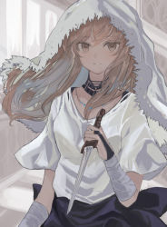 Rule 34 | 1girl, bandaged arm, bandages, black skirt, bridal gauntlets, brown eyes, brown hair, commentary request, dagger, floating hair, hand up, highres, hinomaru (futagun), holding, holding dagger, holding knife, holding weapon, indoors, knife, long hair, looking at viewer, original, parted lips, shirt, short sleeves, skirt, solo, tower, veil, weapon, white shirt, window