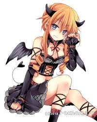 Rule 34 | 1girl, black nails, black skirt, black wings, blush, breasts, brown ribbon, cleavage, collar, crop top, date a live, detached sleeves, drill hair, grey eyes, hair between eyes, heart, heart tail, hibiki mio, horns, invisible chair, looking at viewer, medium breasts, midriff, miniskirt, nail polish, navel, neck ribbon, orange hair, ribbon, shiny skin, simple background, sitting, skirt, solo, stomach, tail, twin drills, twintails, white background, wings, yamai kaguya