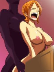Rule 34 | 1girl, bent over, breasts, cahlacahla, closed eyes, highres, large breasts, nami (one piece), nude, one piece, open mouth, orange hair, sex, short hair, teeth, thighs, vaginal
