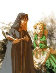 Rule 34 | 1boy, 1girl, abstract background, absurdres, aged down, audrey hall, black cloak, black hair, blonde hair, book, brown eyes, chinese commentary, cloak, commentary request, dress, flower, green dress, green eyes, green ribbon, hair flower, hair ornament, hefengyunran, highres, holding, holding book, hood, hooded cloak, klein moretti, leaf, long dress, long hair, looking at another, lord of the mysteries, open book, open mouth, ponytail, ribbon, shaded face, shirt, short hair, teeth, tongue, white shirt