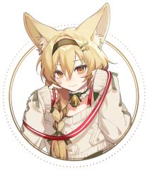 Rule 34 | 1girl, animal ear fluff, animal ears, arknights, beanstalk (arknights), beanstalk (gift uncompleted) (arknights), bell, blonde hair, blush, breasts, cleavage, closed mouth, green hairband, hair between eyes, hair ornament, hairband, hairclip, hands up, highres, long hair, long sleeves, looking at viewer, neck bell, neck garter, off-shoulder sweater, off shoulder, official alternate costume, orange eyes, outside border, simple background, sleeves past wrists, smile, solo, star (symbol), star hair ornament, sweater, upper body, white background, white sweater, yunweishukuang