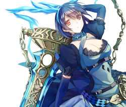Rule 34 | 1girl, alice (sinoalice), arm up, belt, blue dress, blue gloves, blue hair, breasts, cleavage, dress, elbow gloves, gloves, highres, holding, holding sword, holding weapon, large breasts, looking at viewer, parted lips, puffy short sleeves, puffy sleeves, red eyes, saijou haruki, short hair, short sleeves, sidelocks, simple background, sinoalice, solo, sword, upper body, weapon, white background