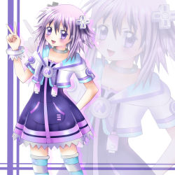 Rule 34 | 10s, 1girl, :&gt;, arm behind back, bangle, blush, bracelet, collar, cropped jacket, d-pad, drawstring, dress, female focus, hair ornament, jewelry, looking at viewer, neptune (neptunia), neptune (series), open mouth, purple background, purple dress, purple eyes, purple hair, purple heart (neptunia), purple skirt, purple theme, shizukoart, short dress, short hair, short sleeves, skirt, smile, socks, solo, standing, striped clothes, striped socks, striped thighhighs, thighhighs, triangle mouth, v, victory pose, zoom layer