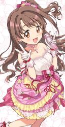 Rule 34 | 1girl, :d, arm guards, bare shoulders, blush, bow, breasts, brown eyes, brown hair, choker, cleavage, collarbone, dot nose, double v, dress, dress bow, earrings, floral background, flower, flower earrings, gloves, hair flower, hair ornament, hair ribbon, holding, holding microphone, idolmaster, idolmaster cinderella girls, idolmaster cinderella girls starlight stage, jewelry, long hair, looking at viewer, medium breasts, microphone, nanonin, one side up, open mouth, pendant choker, pink dress, pink flower, pink rose, red flower, red ribbon, red rose, ribbon, rose, sash, shimamura uzuki, sleeveless, sleeveless dress, smile, socks, solo, standing, standing on one leg, v, white background, white choker, white flower, white gloves, white rose, white socks, yellow flower, yellow rose