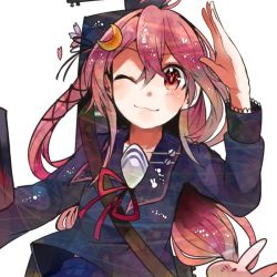 Rule 34 | 10s, 1girl, ;), bad id, bad twitter id, blouse, rabbit hair ornament, cannon, crescent, crescent hair ornament, hair ornament, hair ribbon, itomugi-kun, kantai collection, long hair, one eye closed, red eyes, red hair, ribbon, school uniform, serafuku, shirt, skirt, smile, solo, turret, uzuki (kancolle), very long hair