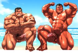 Rule 34 | 2boys, 3d, abs, bara, barefoot, beach, censored, cloud, cum, day, erection, feet, flexing, highres, looking at viewer, male focus, mosaic censoring, multiple boys, muscular, nipples, nude, ocean, one eye closed, original, outdoors, pectorals, penis, pubic hair, public indecency, sand, sky, smile, summer, teeth, testicles, toes, wince, wink