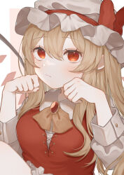 1girl absurdres alternate_costume ascot blonde_hair blush bow breasts clenched_hand collared_shirt crystal crystal_wings flandre_scarlet frilled_shirt_collar frills hair_between_eyes hat hat_ribbon highres hisu_(hisu_) long_hair looking_at_viewer mob_cap puffy_sleeves red_bow red_eyes red_ribbon red_vest ribbon shirt simple_background solo touhou upper_body vest white_shirt wings yellow_ascot