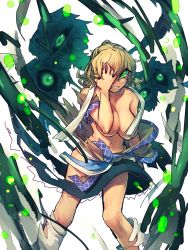Rule 34 | 1girl, blonde hair, breasts, cleavage, clenched teeth, collarbone, danmaku, exploding clothes, female focus, green eyes, hand on own face, highres, large breasts, looking at viewer, melon22, mizuhashi parsee, shirt, skirt, solo, teeth, torn clothes, torn shirt, torn skirt, touhou