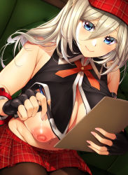 Rule 34 | 1girl, absurdres, alisa ilinichina amiella, bare shoulders, black gloves, blonde hair, blue eyes, blush, breasts, brown pantyhose, clipboard, closed mouth, couch, crop top, fingerless gloves, fingernails, gloves, god eater, hair between eyes, hat, hatori mia, highres, holding, holding clipboard, holding pen, huge breasts, long fingernails, long hair, looking at viewer, miniskirt, nail polish, navel, nipple slip, nipples, on couch, pantyhose, pen, pink nails, plaid, plaid headwear, plaid skirt, pleated skirt, red hat, red skirt, revealing clothes, sitting, skirt, sleeveless, smile, solo, teasing