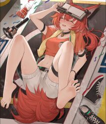 Rule 34 | 1girl, ^ ^, animal ears, arknights, arm strap, arm up, barefoot, black choker, breasts, choker, closed eyes, commentary request, crop top, feet, flametail (arknights), flametail (sport for all) (arknights), head-mounted display, knees up, legs, long hair, midriff, navel, official alternate costume, open mouth, orange hair, orange shirt, shirt, short shorts, short sleeves, shorts, small breasts, soles, solo, spread toes, squirrel ears, squirrel tail, stomach, tail, thigh strap, thighs, toes, white shorts, xssh