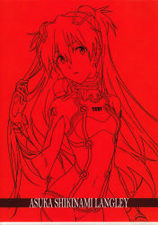 Rule 34 | 1girl, absurdres, bodysuit, breasts, character name, cowboy shot, evangelion: 2.0 you can (not) advance, gloves, hair ornament, hand in own hair, highres, long hair, neon genesis evangelion, official art, plugsuit, rebuild of evangelion, red background, scan, signature, simple background, solo, souryuu asuka langley, test plugsuit, two side up, very long hair, wide hips