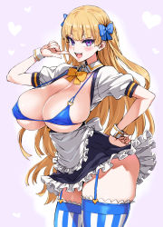Rule 34 | 1girl, apron, asanagi, bikini, bikini top only, blonde hair, blue bikini, blue bow, borrowed character, bow, bowtie, breastless clothes, breasts, finger to mouth, garter straps, gradient background, hair bow, hand on own hip, heart, heart background, highres, huge breasts, lina (michihasu), long hair, looking at viewer, maid, maid apron, maid bikini, micro bikini, open mouth, original, pink background, purple eyes, ribbon, short sleeves, skindentation, smile, solo, string bikini, striped bow, striped ribbon, swimsuit, thick thighs, thighhighs, thighs, unconventional maid, waist apron, white apron