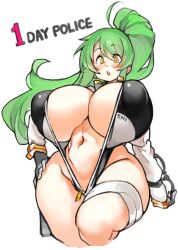 Rule 34 | 1girl, breasts, english text, female focus, functionally nude, green hair, highleg, highleg leotard, huge breasts, leotard, long hair, navel, open clothes, open leotard, open mouth, original, police, police uniform, policewoman, ponytail, sachito, simple background, solo, standing, sumi-chan (sachito), thick thighs, thighs, uniform, unzipped, wide hips