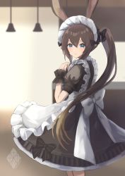 Rule 34 | 1girl, absurdres, alternate costume, amiya (arknights), animal ears, apron, arknights, back bow, bell, black bow, black dress, black wristband, blue eyes, blush, bow, brown hair, dress, enmaided, feet out of frame, hair bell, hair between eyes, hair bow, hair ornament, hand up, hanging light, highres, indoors, maid, nanatsuka, ponytail, puffy short sleeves, puffy sleeves, rabbit ears, rabbit girl, short sleeves, simple background, smile, solo, white apron, white bow