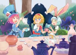 Rule 34 | 4girls, :d, alice in wonderland, alice margatroid, animal ears, blonde hair, blue eyes, bogyaku no m, bush, capelet, chair, cosplay, cup, dress, green eyes, hairband, hand on own cheek, hand on own face, hat, konpaku youmu, lily white, mad hatter (alice in wonderland), mad hatter (alice in wonderland) (cosplay), march hare (cosplay), march hare (wonderland), mini person, minigirl, multiple girls, name connection, open mouth, pink eyes, pink hair, pouring, rabbit ears, saigyouji yuyuko, shanghai doll, sitting, smile, teacup, teapot, top hat, touhou, tree, white hair
