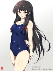 Rule 34 | 1girl, alternate breast size, arms behind back, black hair, blue one-piece swimsuit, breasts, commentary request, competition school swimsuit, cowboy shot, hair ribbon, highres, isokaze (kancolle), kantai collection, long hair, looking at viewer, one-piece swimsuit, red eyes, ribbon, school swimsuit, sebunsu, small breasts, solo, standing, swimsuit, tress ribbon, twitter username