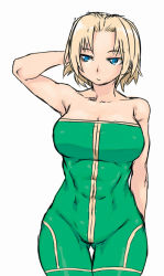 Rule 34 | 1girl, abs, arm up, bare shoulders, blonde hair, blue eyes, breasts, cleavage, cowboy shot, cropped legs, female focus, final fantasy, final fantasy tactics, frown, gluteal fold, large breasts, monk, monk (fft), short hair, simple background, solo, thigh gap, tsukudani (coke-buta), unitard, white background