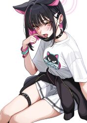Rule 34 | 1girl, absurdres, animal ears, black choker, black hair, blue archive, cat ears, choker, extra ears, feet out of frame, halo, highres, kazusa (blue archive), official alternate costume, open mouth, piercing, pink hair, pink halo, pleated skirt, red eyes, shirt, short hair, short sleeves, simple background, skirt, solo, taotao, thigh strap, tongue, tongue out, tongue piercing, white background, white shirt, white skirt