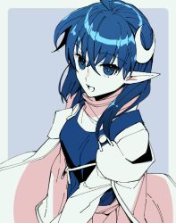 Rule 34 | 1girl, :d, ahoge, blue eyes, blue hair, breasts, cape, crescent, crescent hair ornament, hair ornament, long hair, looking at viewer, open mouth, pointy ears, rena lanford, simple background, smile, solo, star ocean, star ocean the second story, ycco (estrella)