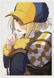 Rule 34 | 1boy, :d, backpack, bag, blonde hair, brown bag, brown eyes, commentary request, creatures (company), framed, fur trim, game freak, hair over one eye, hand up, hat, highres, holding strap, long sleeves, looking to the side, male focus, nintendo, open mouth, otemoto hashira, pokemon, pokemon legends: arceus, short hair, smile, solo, tongue, upper body, volo (pokemon), white background, yellow hat