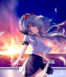 Rule 34 | 1girl, absurdres, alternate costume, ayaka (genshin impact), benzi li, blunt bangs, bow, cloud, cloudy sky, commentary request, contemporary, feathers, from above, genshin impact, grey hair, hair bow, hair ribbon, highres, holding, holding paper, horizon, letter, long hair, looking at viewer, looking to the side, love letter, midriff, navel, paper, parted lips, pleated skirt, ponytail, purple eyes, ribbon, school uniform, serafuku, short sleeves, sidelocks, skirt, sky, solo, sunlight, sunset, tress ribbon, twilight, walking, wind