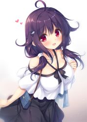 Rule 34 | 1girl, :d, ahoge, bag, black ribbon, blush, breasts, casual, collaboration, collarbone, commentary request, hair between eyes, hair flaps, hair ornament, hair ribbon, halterneck, heart, highres, holding, kantai collection, large breasts, long hair, looking at viewer, low twintails, mikagami mamizu, off-shoulder shirt, off shoulder, open mouth, pleated skirt, purple hair, red eyes, ribbon, semi-rimless eyewear, shirt, shoulder bag, simple background, skirt, smile, solo, spoken heart, standing, taigei (kancolle), tress ribbon, twintails, whale, whale hair ornament, white ribbon, white shirt