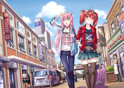 Rule 34 | 2girls, absurdres, animal ears, blue eyes, cat ears, cat tail, day, eyewear on head, fish.boy, heart, heart-shaped pupils, highres, long hair, multiple girls, original, outdoors, pink hair, red eyes, red hair, rolling suitcase, star-shaped pupils, star (symbol), suitcase, sunglasses, symbol-shaped pupils, tail, thigh gap, thighhighs, twintails