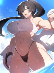 Rule 34 | 1girl, abs, absurdres, bandages, bikini, black hair, blue eyes, blush, breasts, hair between eyes, hair over one eye, hat, highres, huge breasts, jacket, looking at viewer, looking to the side, muscular, muscular female, ocean, open mouth, ponytail, sabamori, swimsuit, thick thighs, thighs, thong, valentina(nuclear-il2), watermark, wet, wide hips