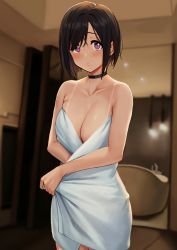 Rule 34 | 1girl, :o, absurdres, anti (0324), bare arms, bare shoulders, bathtub, black choker, black hair, blush, breasts, choker, cleavage, collarbone, commentary, english commentary, highres, indoors, looking at viewer, medium breasts, mole, mole under mouth, naked towel, original, purple eyes, shading mismatch, short hair, sliding doors, slipper bathtub, solo, tan, tanline, towel