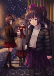 Rule 34 | 2020, 3girls, :o, alternate costume, animal ears, arms up, bad id, bad pixiv id, black socks, brown coat, brown footwear, brown hair, coat, cobblestone, commentary, contemporary, contrapposto, cowboy shot, full body, fur-trimmed coat, fur trim, grey coat, hair ribbon, hand on own hip, hat, highres, himekaidou hatate, inubashiri momiji, kneehighs, long sleeves, looking at viewer, looking back, multiple girls, ookashippo, open clothes, open coat, pantyhose, parka, purple eyes, purple headwear, purple skirt, red eyes, red headwear, red scarf, red skirt, ribbon, scarf, shameimaru aya, short hair, silver hair, skirt, snowing, snowman, socks, standing, sweater, thighhighs, tokin hat, touhou, two side up, white sweater, wolf ears, zettai ryouiki
