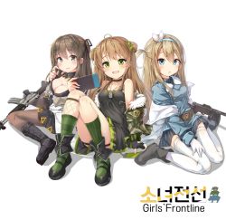 Rule 34 | 3girls, :d, :o, ahoge, assault rifle, asymmetrical legwear, bare shoulders, belt, black dress, black footwear, black gloves, blonde hair, blue coat, blue eyes, blush, boots, bow, breasts, brown eyes, brown hair, buckle, camouflage, camouflage jacket, choker, cleavage, coat, collarbone, collared coat, copyright name, creator connection, cross-laced footwear, daewoo k2, dog tags, double bun, dress, drum magazine, fingerless gloves, fishnet legwear, fishnets, frown, fur-trimmed jacket, fur trim, girl sandwich, girls&#039; frontline, gloves, green eyes, green legwear, grey footwear, gun, hair between eyes, hair bow, hair bun, hair ornament, hairband, hairclip, handheld game console, highres, holding, holding handheld game console, horizontal-striped legwear, jacket, k2 (girls&#039; frontline), knee boots, knees up, lace-up boots, large breasts, long hair, looking at viewer, magazine (weapon), medium breasts, military, military uniform, multiple girls, navel, off shoulder, open mouth, panties, pantyhose, rfb (girls&#039; frontline), rifle, sandwiched, scratching cheek, seeumai, shirt, short dress, sidelocks, simple background, sitting, skirt, smile, snowflake hair ornament, socks, striped clothes, striped legwear, striped socks, submachine gun, suomi (girls&#039; frontline), suomi kp/-31, thigh strap, thighhighs, thighs, underwear, uneven legwear, uniform, vertical-striped clothes, vertical-striped legwear, vertical-striped socks, wariza, weapon, white background, white legwear