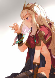 Rule 34 | 10s, 1girl, :o, arm warmers, black thighhighs, blonde hair, blush, bracelet, breasts, brooch, cagliostro (granblue fantasy), cape, gem, granblue fantasy, green gemstone, grey background, hairband, highres, jewelry, long hair, naked cape, navel, nipples, nude, open mouth, purple eyes, realmbw, red cape, sexually suggestive, short sleeves, simple background, sitting, small breasts, solo, spiked hairband, spikes, stomach, thighhighs