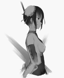 Rule 34 | 1girl, bodysuit, breasts, bun cover, closed mouth, commentary request, cropped torso, fate/grand order, fate (series), grey background, greyscale, hair between eyes, hair bun, highres, looking away, medium breasts, monochrome, profile, qin liangyu (fate), short hair, sidelocks, sideways mouth, signature, simple background, single hair bun, sketch, smile, solo, tsurara eeri