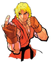 Rule 34 | 1boy, blonde hair, brown eyes, capcom, come at me bro, eyebrows, fighting stance, fingerless gloves, gloves, highres, ken masters, male focus, mullet, muscular, nishimura kinu, official art, solo, street fighter, street fighter iii (series), thick eyebrows, transparent background, upper body