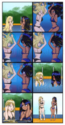 Rule 34 | 2girls, absurdres, adjusting hair, armpits, arms up, artist name, asphyxiation, ass, asymmetrical bangs, back, barefoot, bikini, black bikini, black hair, blonde hair, blue bikini, blue eyes, breasts, breathing, cleavage, clenched hand, clenched hands, closed eyes, collarbone, comic, creatures (company), cynthia (pokemon), dark-skinned female, dark skin, dimples of venus, embarrassed, eyebrows, eyelashes, feet, female focus, floating hair, floonasif, friends, from behind, full body, game freak, geeta (pokemon), gradient hair, grey eyes, hair ornament, hair over eyes, hair over one eye, halterneck, hands up, happy, highres, holding breath, legs, legs together, long hair, looking at another, medium breasts, midriff, multicolored hair, multiple girls, multiple views, nature, navel, neck, nintendo, open mouth, outdoors, parted bangs, pigeon-toed, pokemon, pokemon dppt, pokemon sv, pool, pool ladder, poolside, profile, sideboob, sidelocks, sky, smile, streaked hair, summer, swimsuit, thighs, tiptoes, toes, turning head, underwater, unworn hair ornament, very long hair, water, water drop, wavy hair, wet, wet hair, wide-eyed
