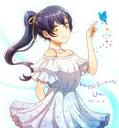 Rule 34 | 1girl, alternate hairstyle, arms behind back, bare shoulders, blue hair, blush, bug, butterfly, character name, closed mouth, collarbone, commentary request, cowboy shot, dated, dress, hair between eyes, happy birthday, heru (totoben), insect, jewelry, long hair, looking at viewer, love live!, love live! school idol festival, love live! school idol project, necklace, ponytail, short sleeves, simple background, smile, solo, sonoda umi, standing, star (symbol), white background, white dress, yellow eyes