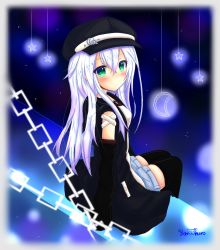 Rule 34 | 1girl, :/, absurdres, bad id, bad pixiv id, black thighhighs, blurry, blush, depth of field, detached sleeves, green eyes, hat, highres, long hair, looking at viewer, original, signature, silver hair, sitting, solo, thighhighs, yamine kuro, zettai ryouiki