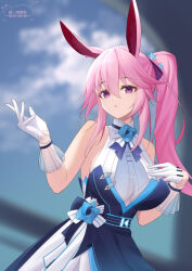 Rule 34 | 1girl, :o, absurdres, animal ear fluff, animal ears, bare shoulders, blue dress, blurry, blurry background, breasts, commentary request, dated, depth of field, diaoyidimaomao, dress, gloves, hair between eyes, hair ornament, hands up, highres, honkai (series), honkai impact 3rd, large breasts, long hair, parted lips, pink hair, ponytail, purple eyes, sleeveless, sleeveless dress, solo, star (symbol), star hair ornament, white gloves, yae sakura