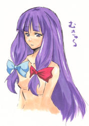 Rule 34 | 1girl, blunt bangs, breasts, censored, convenient censoring, female focus, hair censor, hair over breasts, long hair, nude, patchouli knowledge, purple eyes, purple hair, reon (pixiv), reon (saikyou), ribbon, solo, touhou, upper body, very long hair, white background