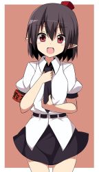 Rule 34 | 1girl, :d, adjusting clothes, adjusting necktie, armband, bad id, bad twitter id, belt, black necktie, black skirt, blush, brown background, brown hair, collared shirt, cowboy shot, enushi (toho193), hair between eyes, hat, highres, looking at viewer, necktie, no wings, open mouth, pointy ears, puffy short sleeves, puffy sleeves, red eyes, red hat, shameimaru aya, shirt, short hair, short sleeves, simple background, skirt, smile, solo, standing, tokin hat, touhou, white shirt