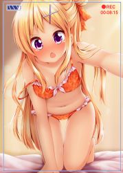 Rule 34 | 1girl, all fours, bare arms, bare legs, bare shoulders, barefoot, bed sheet, bikini, blush, breasts, chestnut mouth, cleavage, commentary request, floral print, front-tie bikini top, front-tie top, hair bun, hair ornament, hairclip, head tilt, highres, kin-iro mosaic, kujou karen, long hair, looking at viewer, medium breasts, minato ojitan, navel, nose blush, open mouth, orange bikini, outstretched arm, print bikini, purple eyes, reaching, reaching towards viewer, recording, side bun, single hair bun, single side bun, solo, stomach, strap slip, swimsuit, tears, v-shaped eyebrows, very long hair, x hair ornament