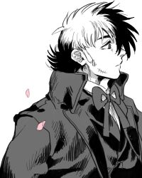 Rule 34 | 1boy, black jack (character), black jack (series), closed mouth, coat, collared shirt, facial scar, from side, highres, male focus, mame moyashi, monochrome, multicolored hair, neck ribbon, petals, ribbon, scar, scar on cheek, scar on face, shirt, short hair, simple background, solo, split-color hair, spot color, two-tone hair
