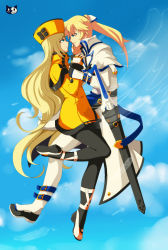 Rule 34 | 1boy, 1girl, ayb-art, blonde hair, blue eyes, guilty gear, hand on another&#039;s face, hat, highres, ky kiske, long hair, millia rage, pantyhose, ponytail, protected link, sword, weapon