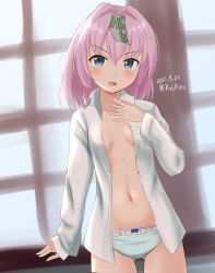 Rule 34 | 1girl, ame-san, blue bow, blue eyes, bow, bow panties, breasts, commentary request, cowboy shot, dress shirt, gluteal fold, hair down, hair intakes, hand on own chest, highres, kantai collection, long sleeves, looking at viewer, no bra, ofuda, one-hour drawing challenge, panties, pink hair, shiranui (kancolle), shirt, short hair, small breasts, solo, underwear, white panties, white shirt