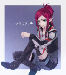 Rule 34 | 10s, 1girl, blue eyes, boots, earrings, jacket, jewelry, looking at viewer, lsunl, macross, macross delta, mirage farina jenius, pointy ears, ponytail, purple hair, science fiction, sitting, solo, thigh boots, thighhighs, uniform