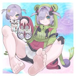 Rule 34 | 1girl, animal hood, bare legs, barefoot, bike shorts, black shorts, blue background, blue eyes, blush, chibi, chibi inset, closed mouth, commentary request, commission, copyright request, dress, eien project, feet, foot focus, frog hood, full body, green hoodie, grey dress, hair intakes, hair over one eye, hand up, highres, holding, holding shoes, hood, hood up, hoodie, knees up, legs, long sleeves, looking at viewer, medium hair, multiple views, omkuros, one eye closed, one eye covered, parted bangs, purple hair, shoes, short dress, shorts, sidelocks, skeb commission, sleeves past wrists, smile, sneakers, soles, toenails, toes, twitter username, two side up, unworn shoes, virtual youtuber, watermark, yellow eyes, zumi dokumi