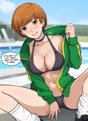 Rule 34 | 1girl, beach chair, bikini, bikini under clothes, black bikini, blurry, blurry background, breasts, brown hair, cleavage, clothes pull, collarbone, commentary, english commentary, english text, green jacket, highres, hot, jacket, jacket pull, large breasts, lepypepy, long sleeves, looking at viewer, mixed-language commentary, navel, open clothes, open jacket, outdoors, parted lips, patreon username, persona, persona 4, pool, poolside, pulling own clothes, satonaka chie, short hair, sitting, sky, smile, socks, solo, speech bubble, spread legs, sweat, swimsuit, track jacket, white socks