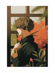 Rule 34 | 1boy, absurdres, black shirt, border, brown eyes, brown hair, closed mouth, cognacbear, collared shirt, facing to the side, flower, highres, holding, holding plant, long sleeves, male focus, original, plant, red flower, shirt, short hair, solo, twitter username, upper body, white border, window